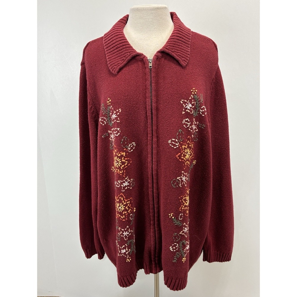 Vtg Cherokee Cardigan Sweater 2X Plus Women's Full Zip Floral Embroidered 90s